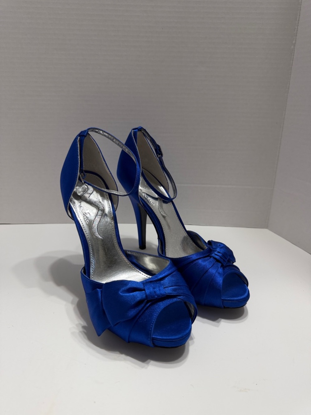 Nina Electric Blue Satin Peep-Toe Heels with Bow Accent